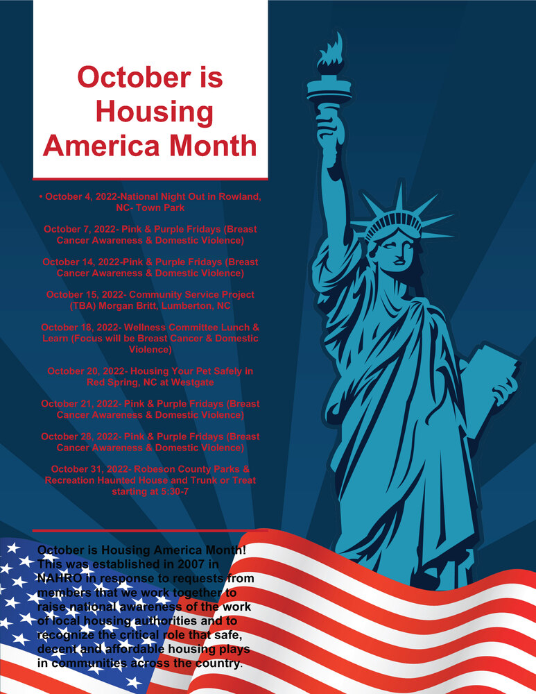 October is Housing America Month flyer. All information as listed below. 