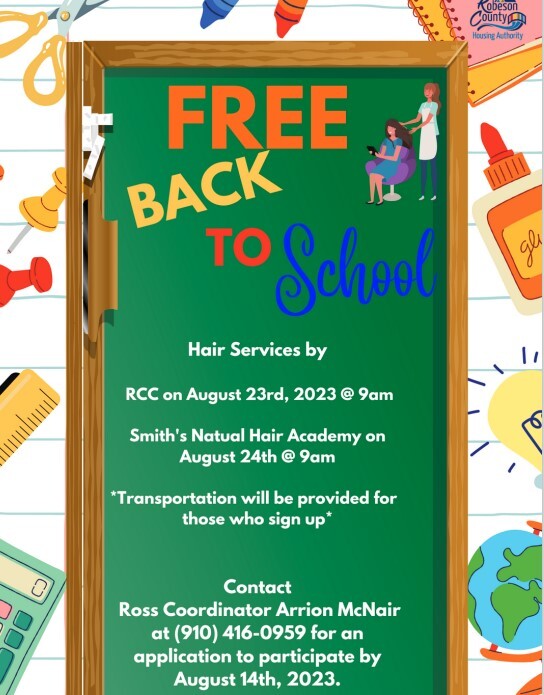 Back to school Haircuts by RCC and Smiths Natural Hair Studio Flyer. All information on flyer is listed above.