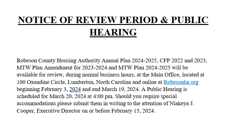 Notice of Review Period and Public Hearing. Everything in this notice is in the text above. 