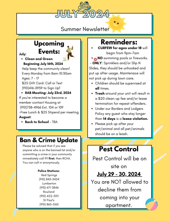 July 2024 Summer Newsletter Flyer. All information on this flyer is listed above.