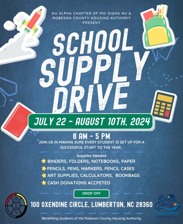 School Supply Drive Flyer. All information on this flyer is listed above. 