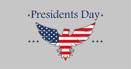 gray background with Presidents Day in blue with an eagle with flag