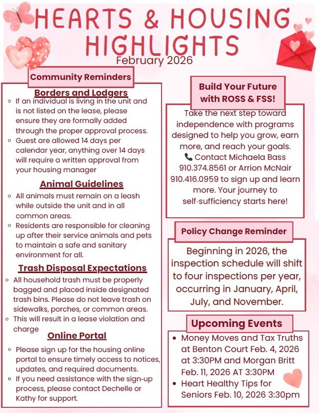 Hearts and Housing newsletter. All information as listed above.