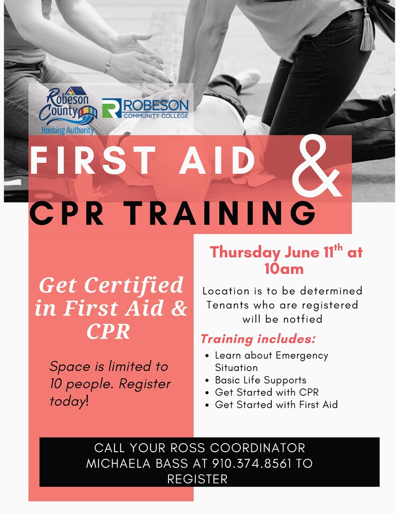 First aid  CPR training flyer, the text on the flyer is in the text above. 