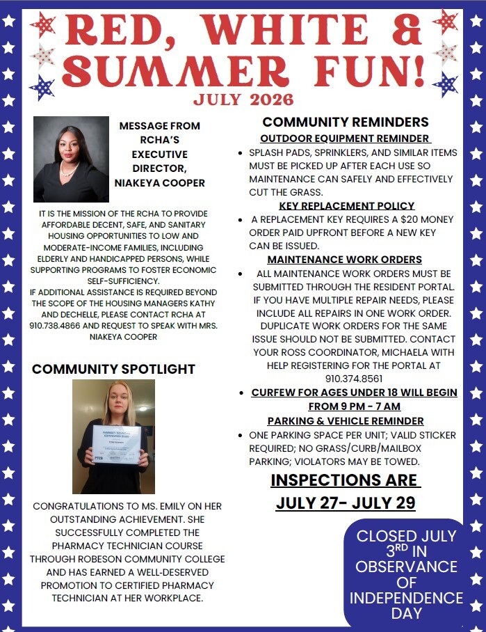 July newsletter. All information as listed below.