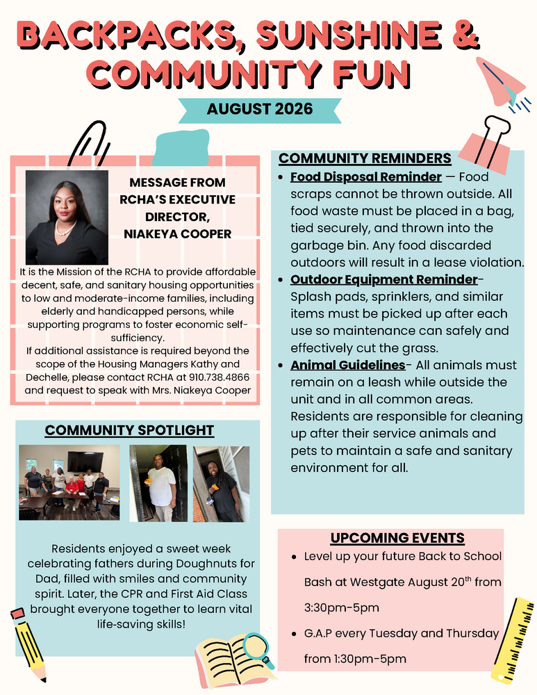 Flyer for August 2026 Newsletter. All information as listed below.